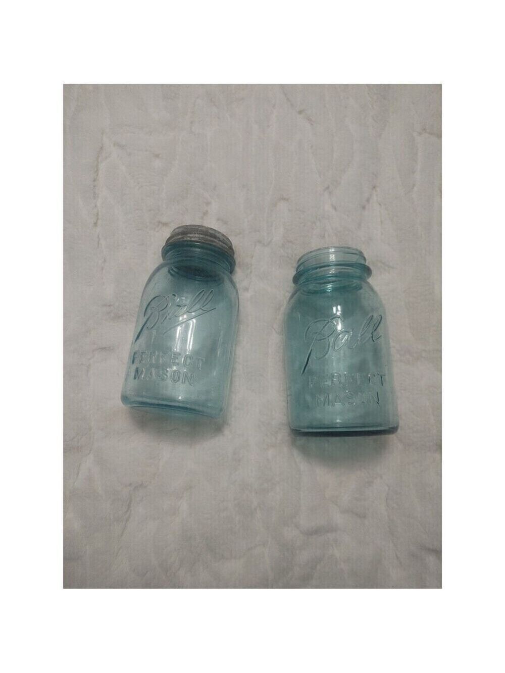 Vintage Blue Glass Ball Mason Jar Extended A Bubbles One Zinc Lid 2 Jars